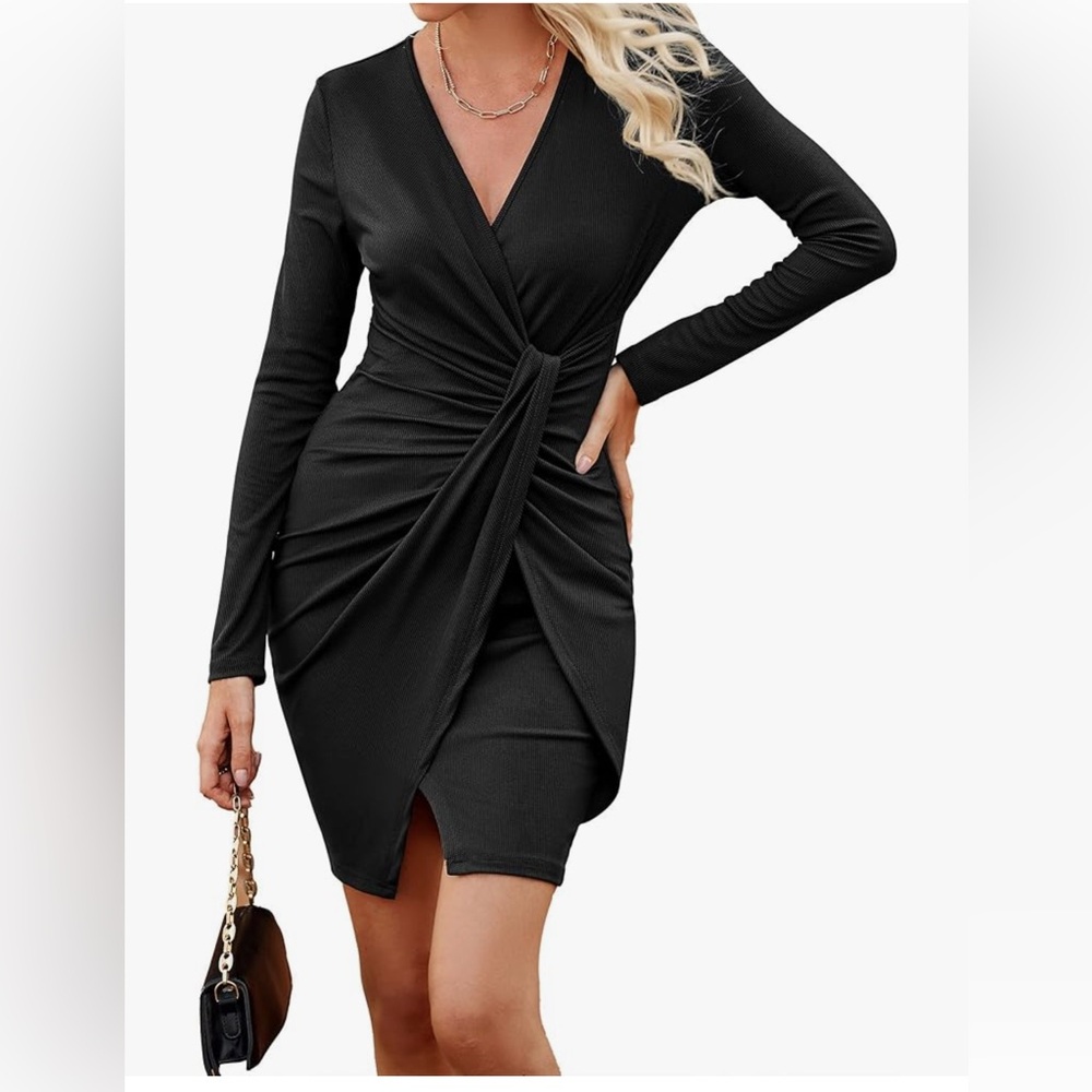 Women Casual Long Sleeve Wrap Dress/Bodycon Front Twist Mini Dress